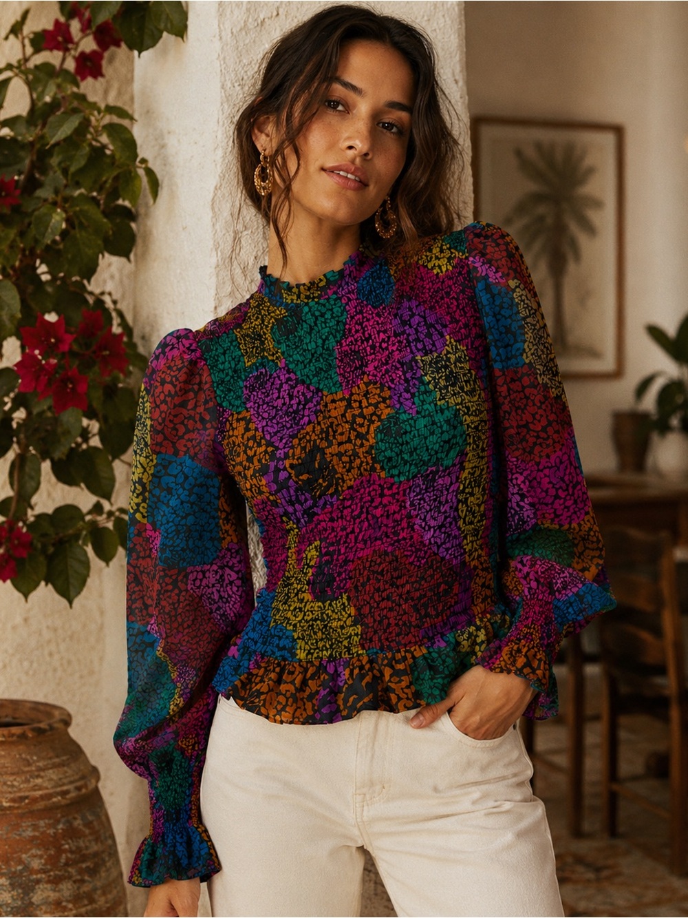 FARM RIO Rainbow Mix Smocked Blouse- Small